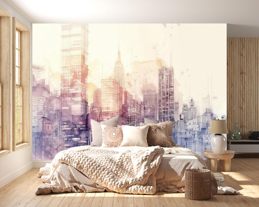 Image showcasing Watercolor City Skyline Wallpaper Mural - Urban Skyline Wall Decor for ...