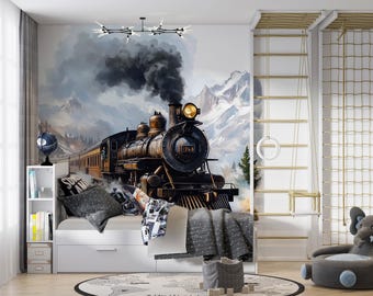 Watercolor Steam Train in Mountains Wall Decal / Vintage Train Nursery Mural / Peel and Stick Boys Room Wall Art / Rustic Adventure Nursery