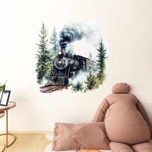 May include: A black steam engine train with smoke coming from the chimney, traveling through a forest with green trees. The train is on a track with a watercolor background.