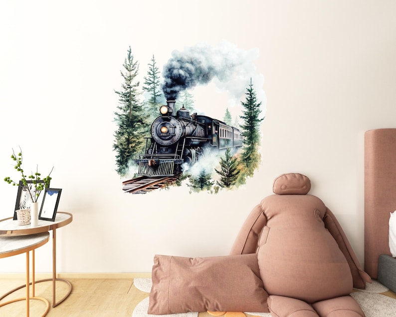 May include: A black steam engine train with smoke coming from the chimney, traveling through a forest with green trees. The train is on a track with a watercolor background.