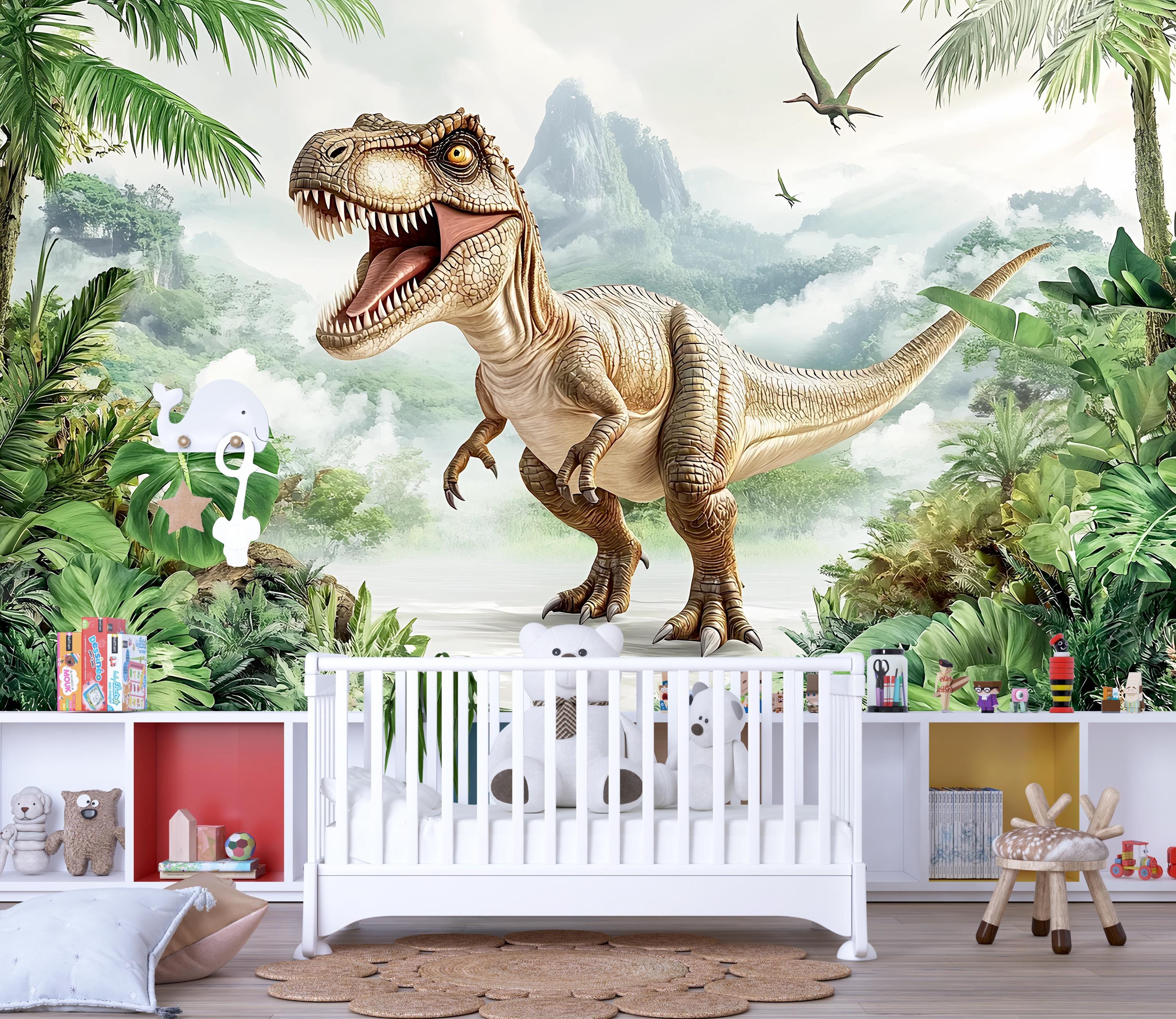 Dinosaur Wall Mural for Nursery – Realistic T-rex Jungle Peel and Stick ...