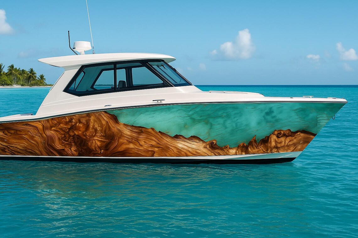 Teal Resin Wood Grain Boat Wrap – Aqua Burlwood Marine Vinyl | Luxury ...