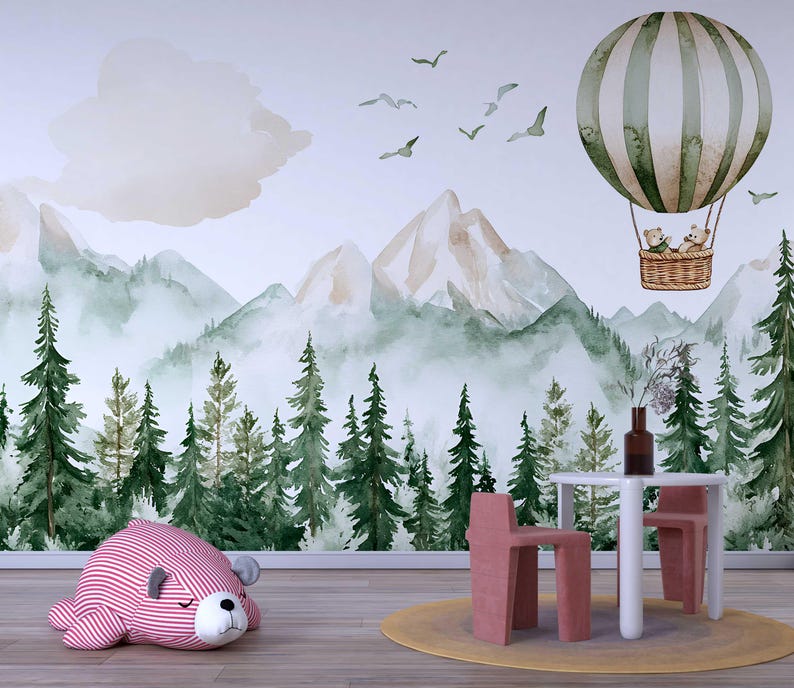 Hot Air Balloon Nursery Wall Mural – Forest Animals & Mountain ...