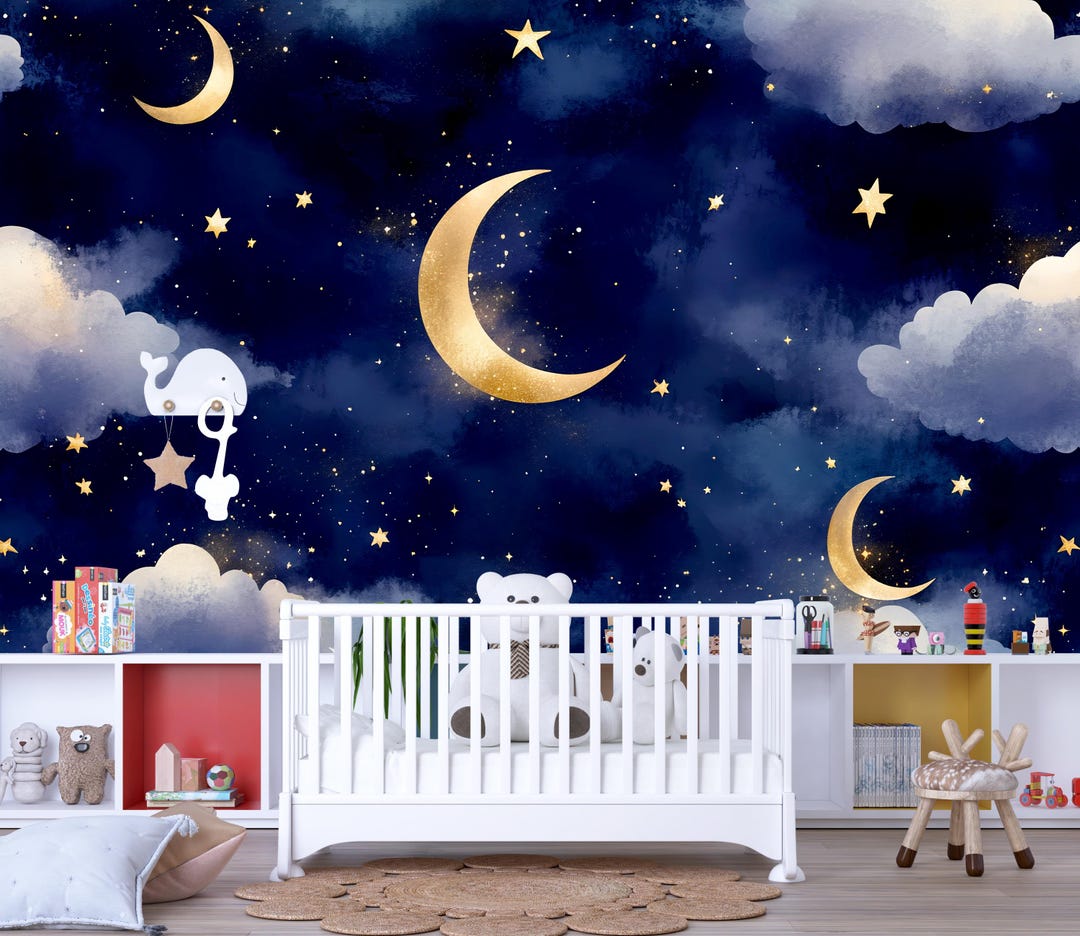 Moon and Stars Wallpaper for Nursery – Night Sky Kids Room Wall Mural ...