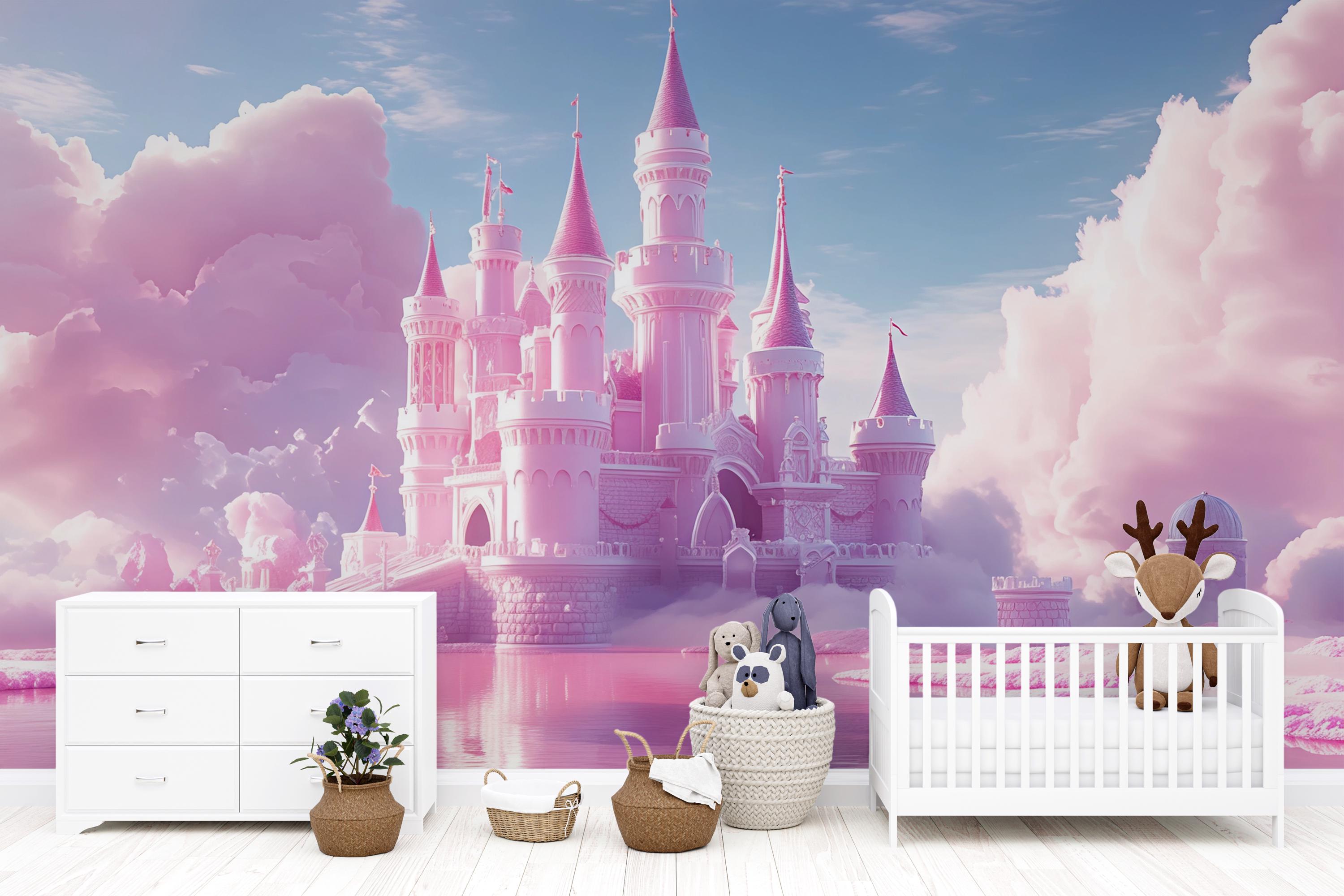Pink Castle Wall Mural – Fantasy Cloud Kingdom Wallpaper for Kids Room ...