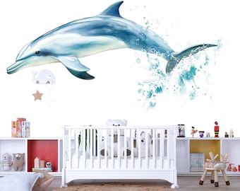 Muursticker dolfijn aquarel voor kinderkamer | Muursticker oceaan kinderkamer | Peel & Stick zeedieren muurschildering | Babykamerdecoratie | Speelkamer