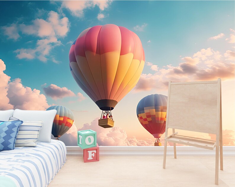 Hot Air Balloon Wall Mural – Sunset Sky Cloud Wallpaper for Kids Room ...