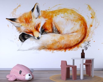 May include: Watercolor painting of a sleeping fox in shades of orange, brown, and white. The fox is curled up, with its eyes closed. A pink and white striped bear-shaped pillow is on the floor. A small table and chairs are also in the image.