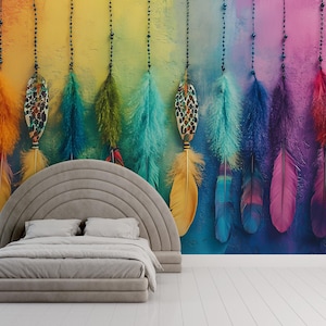 Mural de pared de plumas bohemias: papel tapiz de plumas arcoíris de colores. Decoración de pared bohemia extraíble, autoadhesiva, para dormitorio o estudio.