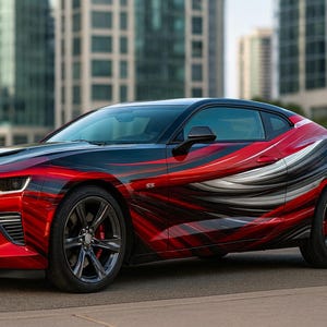May include: A sleek sports car in red, black, and white, with a flowing design. The car has a black roof and wheels, and a vibrant red front. The bodywork displays a striking pattern of red, white, and black streaks.