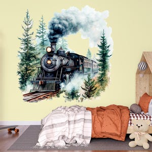 May include: A watercolor illustration of a vintage steam train traveling through a forest. The train is black with a plume of smoke coming from the chimney. The forest is green with tall pine trees. The train is on a set of tracks.
