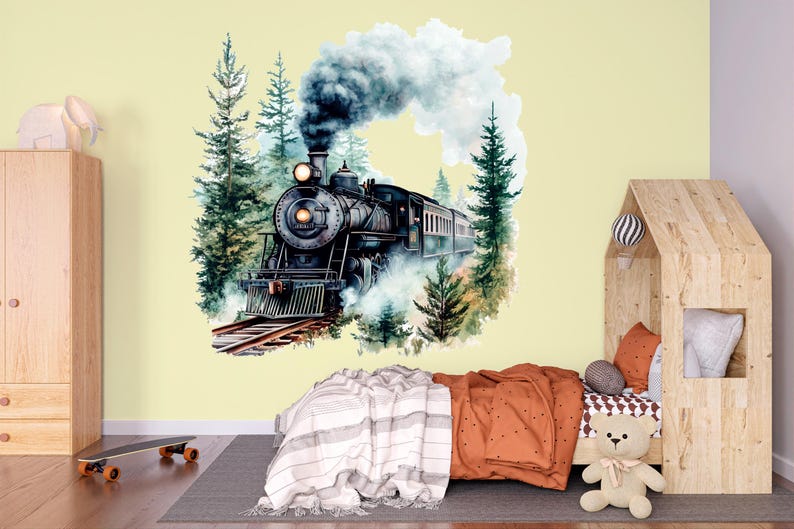 May include: A watercolor illustration of a vintage steam train traveling through a forest. The train is black with a plume of smoke coming from the chimney. The forest is green with tall pine trees. The train is on a set of tracks.