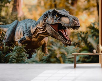 T-Rex恐竜壁画 - リアルなジャングルをイメージした剥がして貼る壁紙