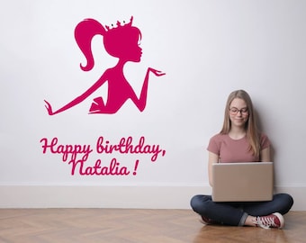 Custom Vinyl Lettering Princess Doll Woman Silhouette Wall Decal Sticker for Beauty Salon 1st Birthday Party Bohemian Decor Art Deco Minimal