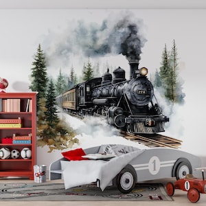 Watercolor Steam Train Nursery Decal / Rustic Train Wall Sticker / Vintage Locomotive Wall Art / Peel and Stick Train Mural / Boys Train