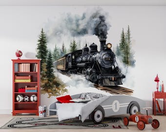 Watercolor Steam Train Nursery Decal / Rustic Train Wall Sticker / Vintage Locomotive Wall Art / Peel and Stick Train Mural / Boys Train