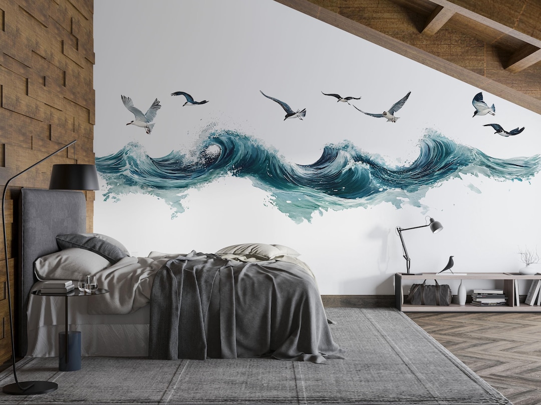 Ocean Wave Wallpaper Coastal Wall Decal Beach Wall Mural Peel and Stick ...