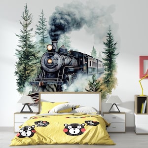 Watercolor Steam Train Wall Decal / Vintage Train Nursery Decor / Peel and Stick Train Mural / Boys Room Train Wall Art / Locomotive Sticker