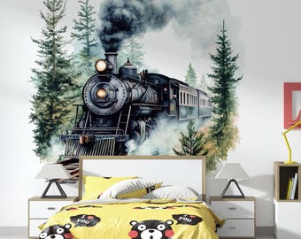 Watercolor Steam Train Wall Decal / Vintage Train Nursery Decor / Peel and Stick Train Mural / Boys Room Train Wall Art / Locomotive Sticker