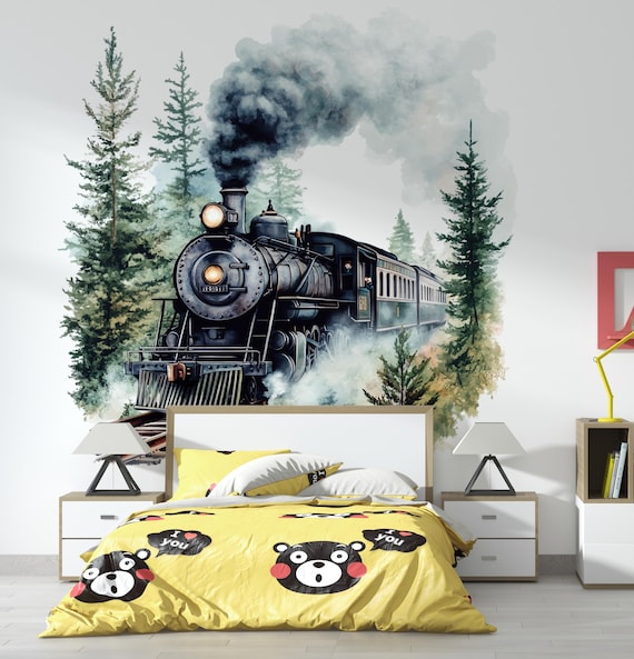 Watercolor Steam Train Wall Decal / Vintage Train Nursery Decor / Peel and Stick Train Mural / Boys Room Train Wall Art / Locomotive Sticker