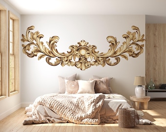 Golden Baroque Wall Decal, Ornamental Wall Sticker, Luxury Decor Mural, Classical Scroll Design, Elegant Bedroom Wall Art Sticker