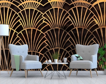 Art Deco Gold Fan Wallpaper, Glamorous Black and Gold Wall Mural, Modern Geometric Accent Wall, Stylish Peel and Stick Wall Decor
