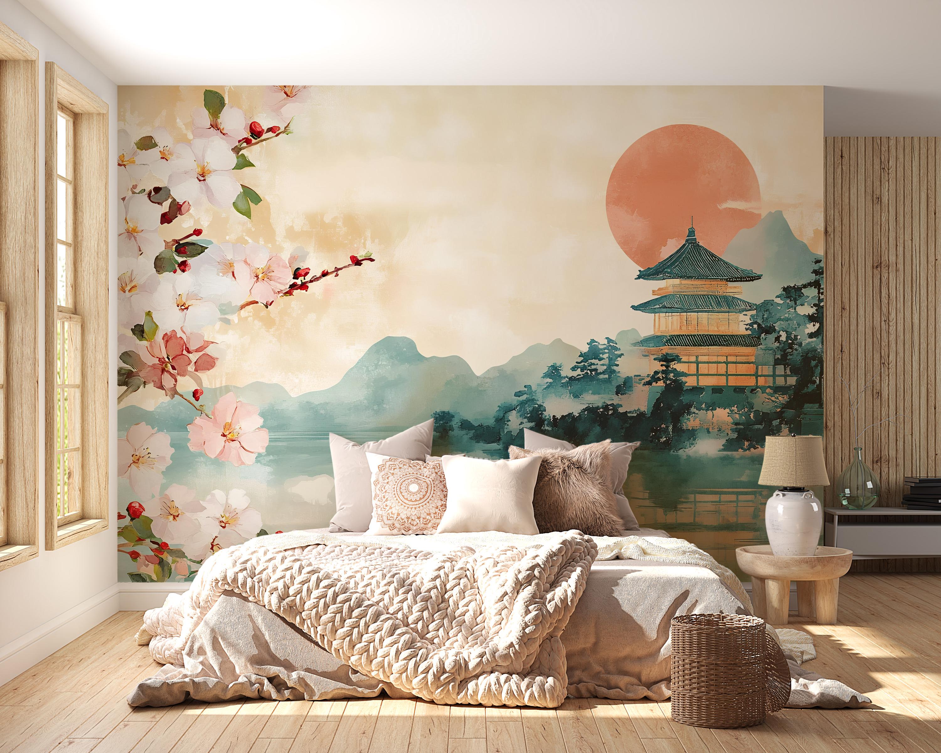 Japanese Wall Mural – Cherry Blossom Temple Wallpaper | Oriental