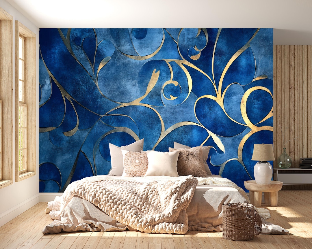 Blue and Gold Abstract Wallpaper, Luxury Textured 3D Mural for Bedroom ...