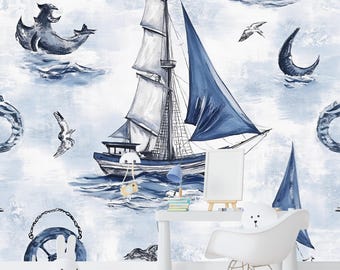 Sailboat Wall Mural – Nautical Ocean Peel and Stick Wallpaper for Kids Room or Nursery, Blue Boat and Sea Illustration Removable Décor