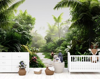 May include: A white dresser and crib with a jungle-themed wallpaper featuring a path through lush green foliage and palm trees.