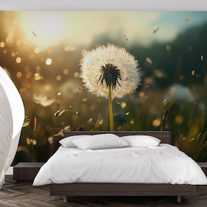 Carta da parati murale 3D con dente di leone - Carta da parati naturale per camera da letto / Arte botanica moderna staccabile e adesiva / Regalo di arredamento sereno / Fotomurale personalizzato