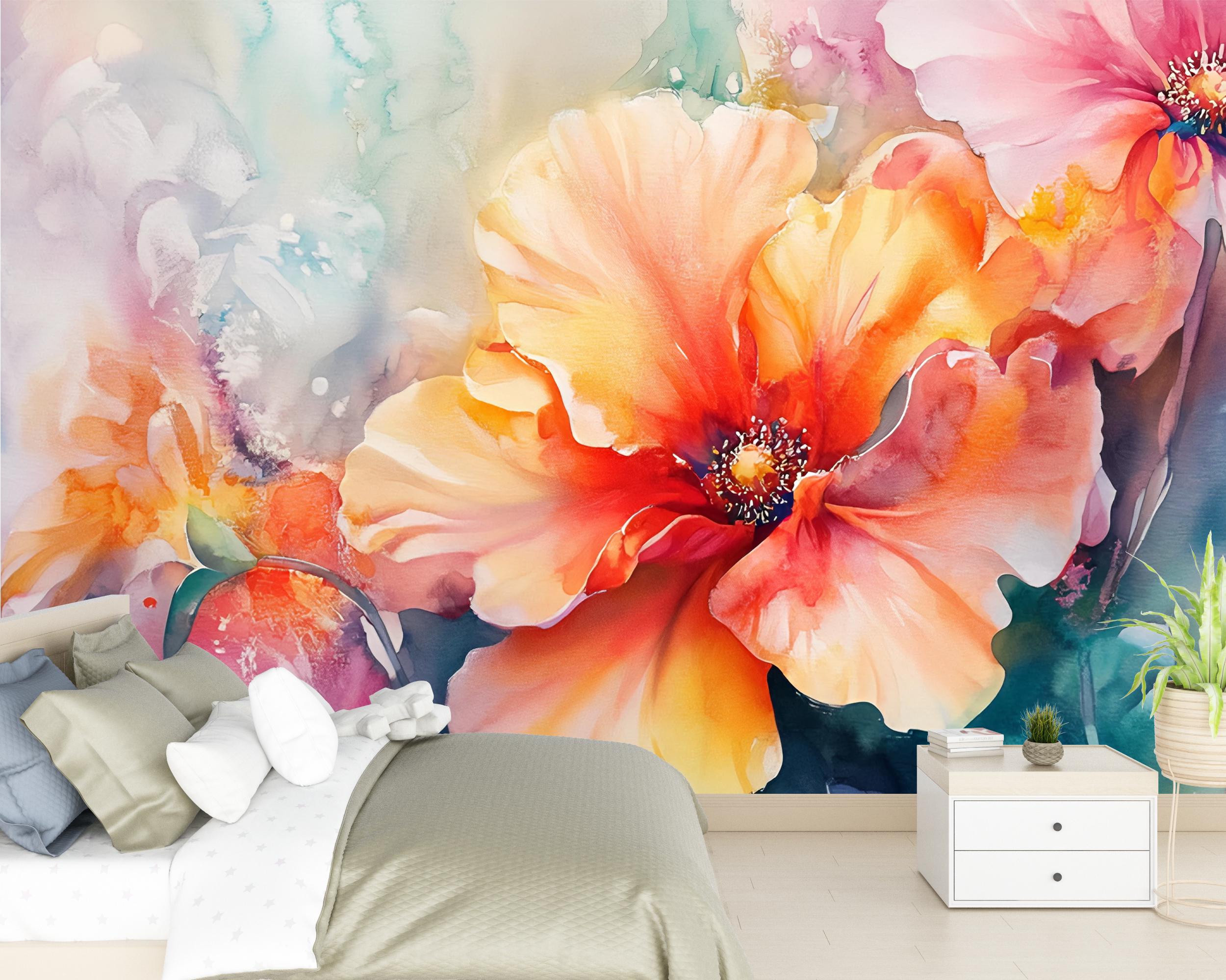 Bold Watercolor Floral Wall Mural – Colorful Flower Wallpaper for ...
