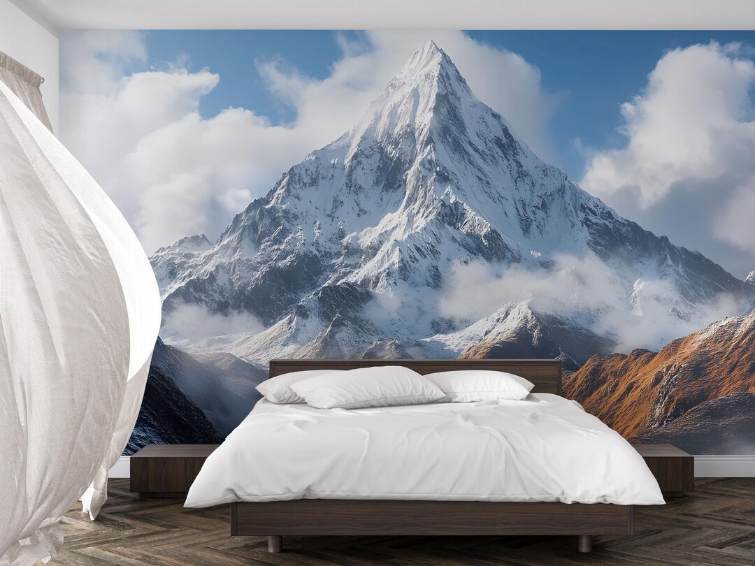 Snowy Mountain Peak Wallpaper Mural | Majestic 3D Winter Landscape Wall ...