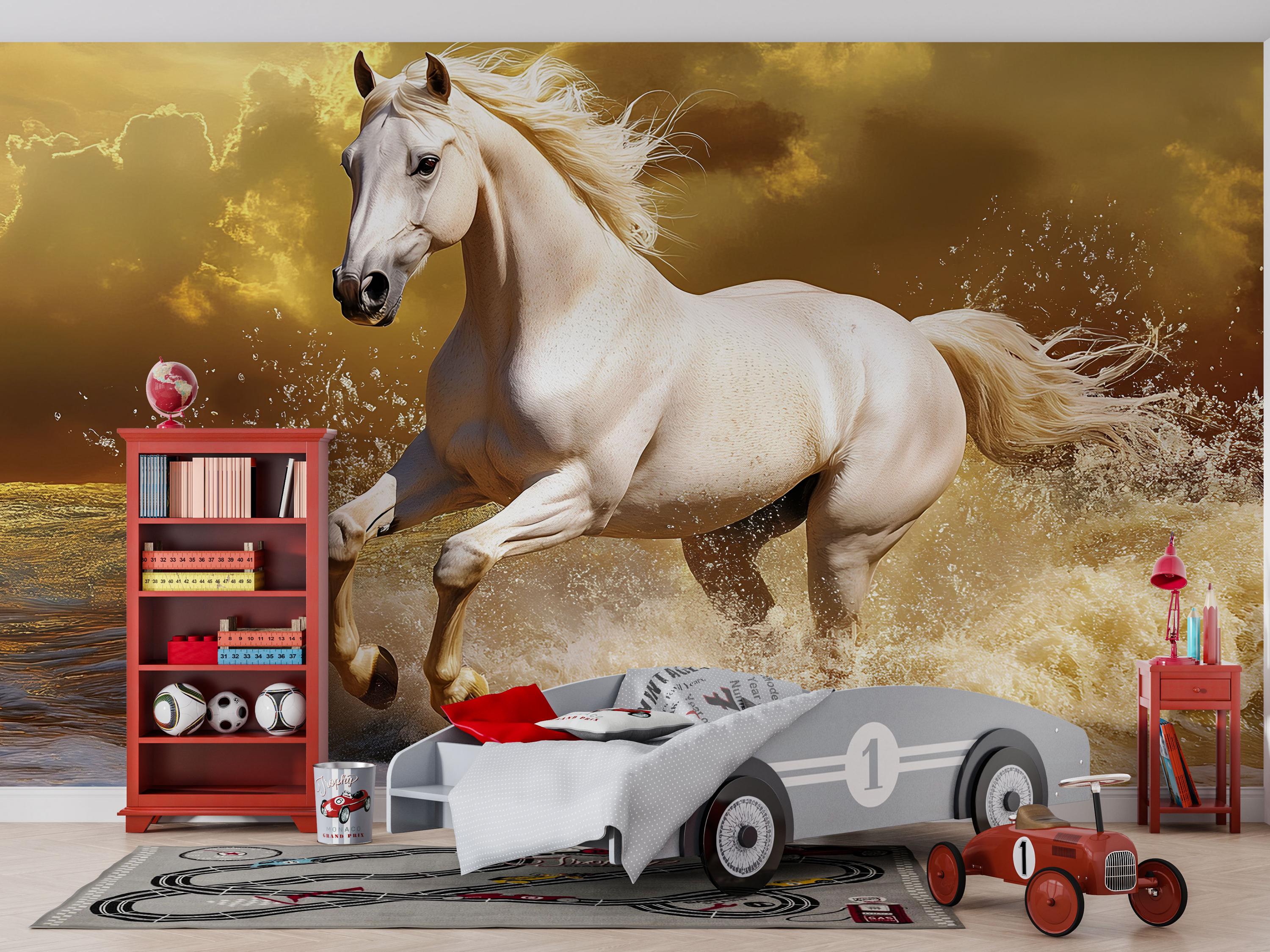 水上を走る3D白馬壁紙壁画 | ドラマチックな海の牡馬ウォールアート