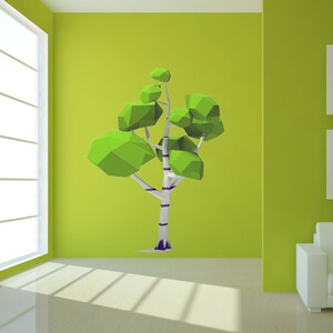 May include: A green, geometrically shaped tree with a white trunk and purple stripes on a green wall.
