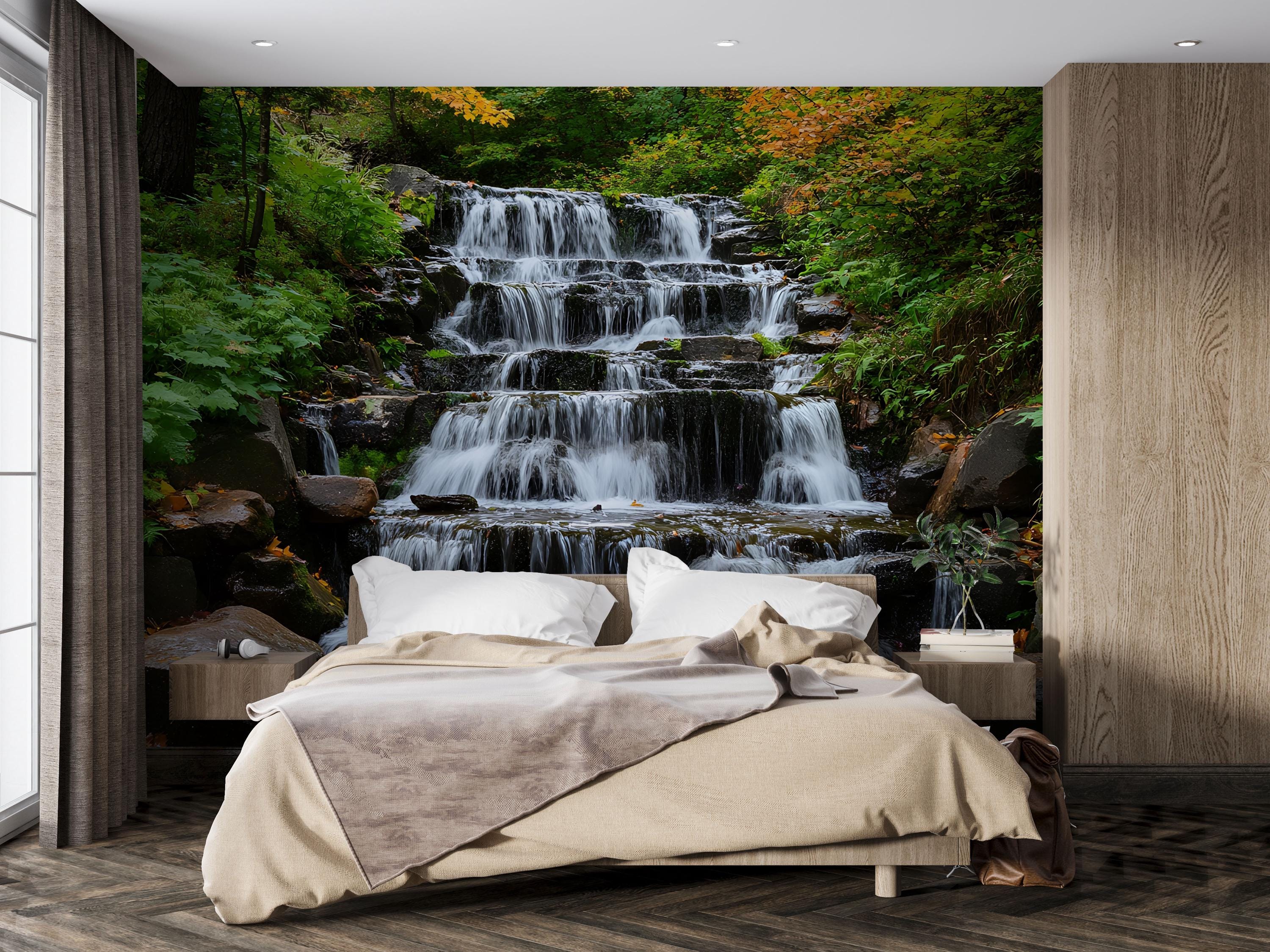 Tiered Waterfall Wallpaper Mural With Flowing Stream in Lush Forest ...