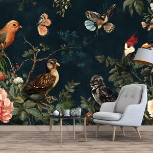 May include: A dark teal floral wallpaper featuring birds, butterflies, and flowers. The design includes a variety of birds in shades of brown, orange, and black, with butterflies in orange and brown. Large pink and cream-colored flowers are also present.