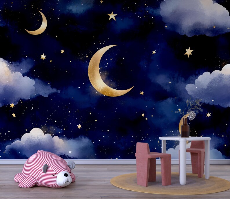 Moon and Stars Wallpaper for Nursery – Night Sky Kids Room Wall Mural ...