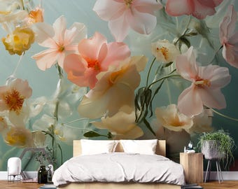 3D Floral Wall Mural – Elegant Flower Wallpaper for Bedroom | Pastel Botanical Decor | Modern Peel & Stick Art | Stylish Gift for Her
