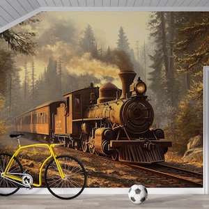 Watercolor Steam Train in Forest Wallpaper / Vintage Locomotive Mural / Rustic Train Wall Art / Boys Room Peel and Stick Wallpaper