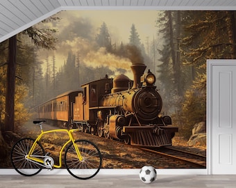 Watercolor Steam Train in Forest Wallpaper / Vintage Locomotive Mural / Rustic Train Wall Art / Boys Room Peel and Stick Wallpaper