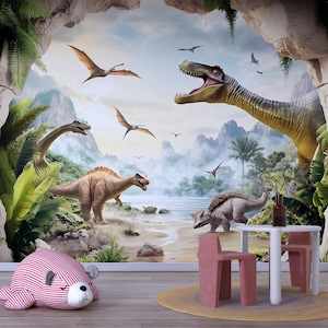 Dinosaur Wall Mural for Kids Room – Prehistoric Jungle Peel and Stick Wallpaper – Realistic Dino Landscape Removable Mural for Playroom