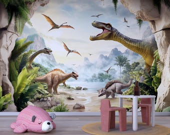 Dinosaur Wall Mural for Kids Room – Prehistoric Jungle Peel and Stick Wallpaper – Realistic Dino Landscape Removable Mural for Playroom