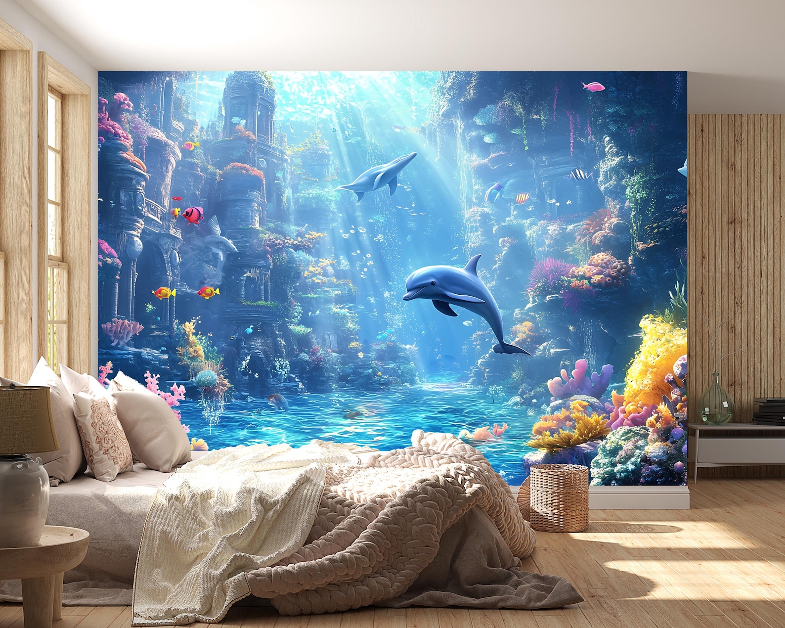 Atlantis Dolphin Wall Mural – 3D Underwater Ocean Scene – Colorful ...