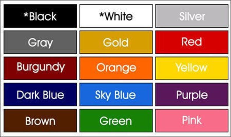 May include: A color chart with 15 different colors, including black, white, silver, gray, gold, red, burgundy, orange, yellow, dark blue, sky blue, purple, brown, green, and pink.