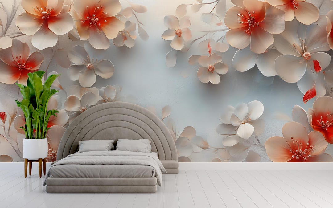3D Floral Bedroom Mural - Modern Blooming Wall Art - Luxury Nature ...