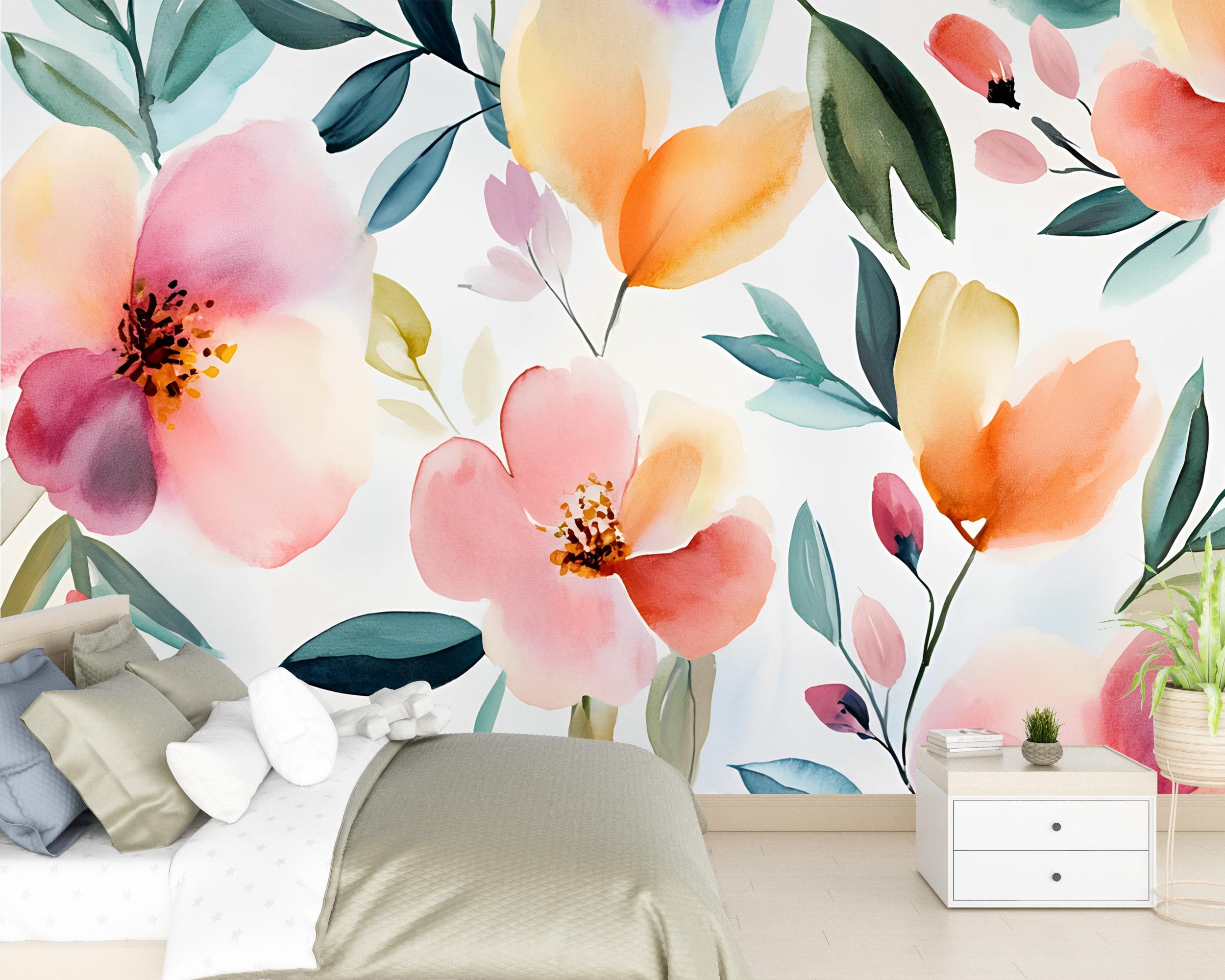 Watercolor Floral Wall Mural – Bright Botanical Wallpaper for Stylish ...