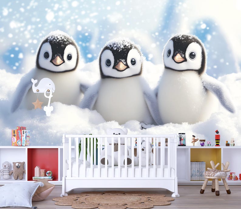 Cute Baby Penguins Wall Mural | Winter Nursery Wallpaper | Holiday Baby ...