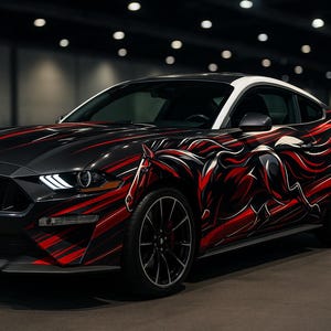Zwart-rood mustang paard car wrap | Op maat gemaakt racevinyl | Muscle Car Wrap | Cadeau voor autoliefhebbers | Auto-graphics weergeven | Automobielkunst voor de feestdagen
