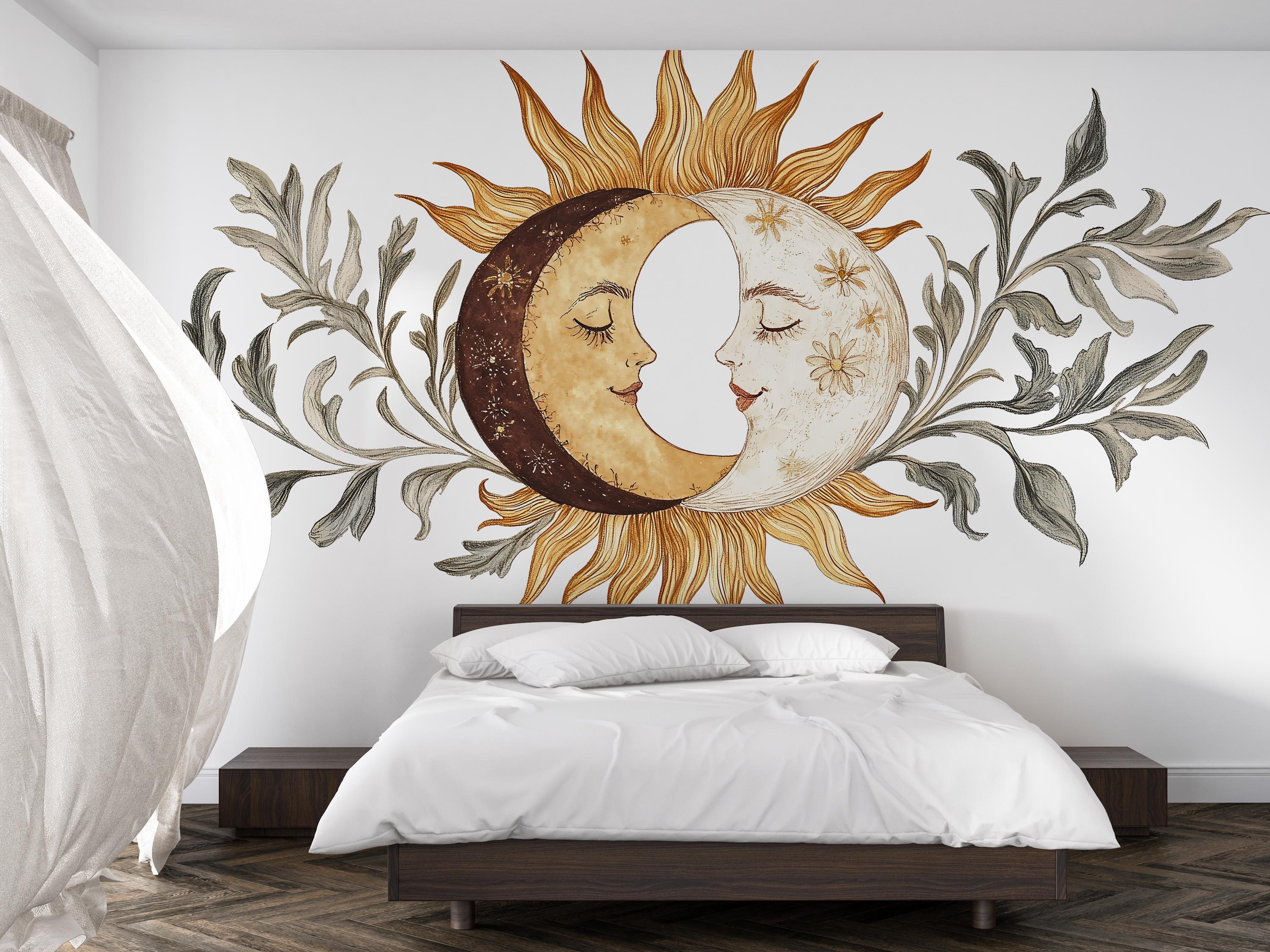 Sun and Moon Wall Decal • Boho Celestial Mural With Leaves • Spiritual ...